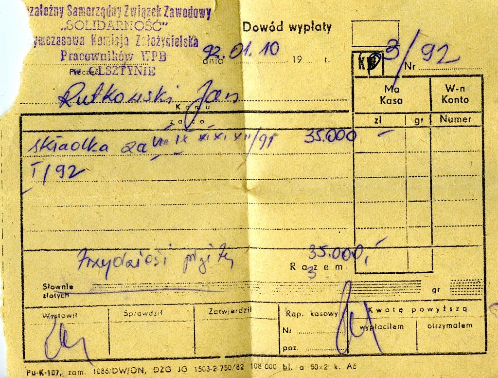 KKE 3270-a.jpg - Składka na Legitymacje Solidarność, Jan Rutkowski, 1988-91 r.